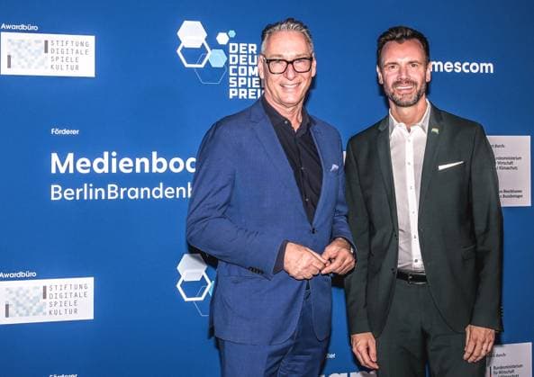 Entertainment, Verleihung des deutschen Computerspielpreis 2025 14.05.2025, xdanx, Entertainment, Verleihung des deutschen Computerspielpreis 2025 emspor, v.l. Helge Juergens und Felix Falk bei der Verleihung des Deutschen Computerspielpreises 2025 am Funkturm Berlin. Berlin Palais am Funkturm Berlin Deutschland (DE) Copyright: xDanielxLakomskix