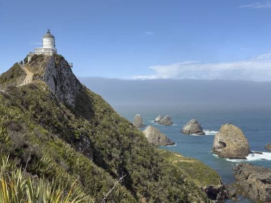 Nugget Point Lighthouse mit Nugget Rocks vor blauem Himmel, Südinsel, Neuseeland, Ozeanien Nugget Point Lighthouse with Nugget Rocks in front of a blue sky, South Island, New Zealand, Oceania Copyright: imageBROKER ThomasxLammeyer ibxtlf13594493.jpg