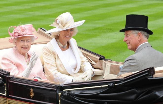 Day one of Royal Ascot Her Majesty the Queen, Elizabeth the II, Camilla, Duchess of Cornwall, Prince Charles, Prince of Wales Day one of Royal Ascot at Ascot Racecourse, Ascot, England. June 18th, 2013 half length pink white cream grey gray black hat feather carriage gloves waving profile top sitting married husband wife mother mom mum son family royalty royals CAP DS Dudley Smith Ascot Great Britain Copyright: xDudleyxSmith CapitalxPicturesx