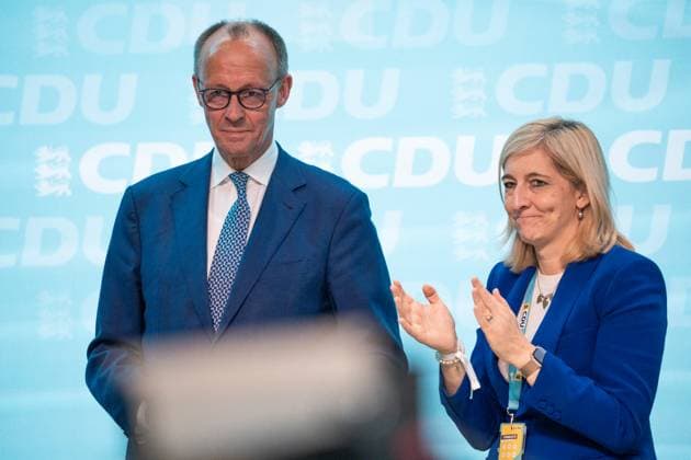Stuttgart, Baden-Württemberg, Germany - May 17, 2025: The 81st State Party Congress of the CDU in Stuttgart, Baden-Württemberg. Federal Chancellor Friedrich Merz with Nina Warken MdB Secretary General on stage. *** Der 81. Landesparteitag der CDU in Stuttgart, Baden-Württemberg. Bundeskanzler Friedrich Merz mit Nina Warken MdB Generalsekretärin auf der Bühne.