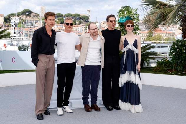 Austin Butler, Joaquin Phoenix, Ari Aster, Pedro Pascal und Emma Stone beim Photocall zum Kinofilm Eddington auf dem Festival de Cannes 2025 78. Internationale Filmfestspiele von Cannes am Palais des Festivals. Cannes, 17.05.2025