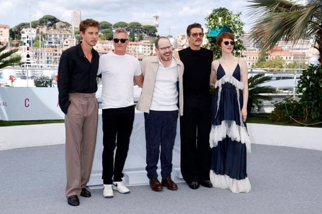 Austin Butler, Joaquin Phoenix, Ari Aster, Pedro Pascal und Emma Stone beim Photocall zum Kinofilm Eddington auf dem Festival de Cannes 2025 78. Internationale Filmfestspiele von Cannes am Palais des Festivals. Cannes, 17.05.2025