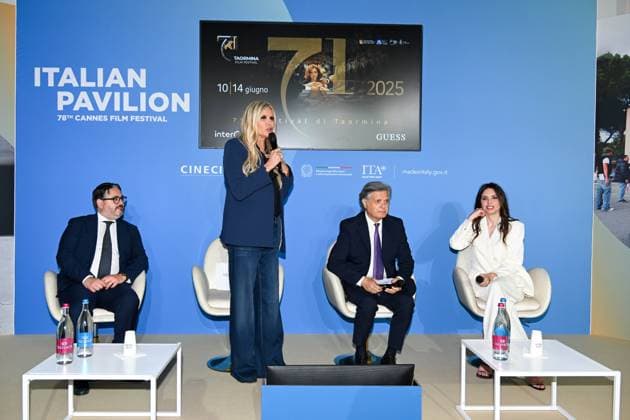Cannes, 78th Cannes Film Festival 2025, Taormina Film Festival Press Conference In the photo: Ilenia Pastorelli, Tiziana Rocca, Felice Panebianco and Sergio Bonomo  Copyright: xManuelexMangiarottix xipa-agency.netx xPoolxPhotoxEventsx05x IPA_Agency_IPA57820846