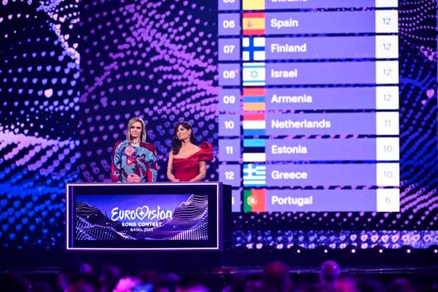 Entertainment Themen der Woche KW20 BASEL, SCHWEIZ 20250518 Programledarna Hazel Brugger och Sandra Studer under juryns poängutdelning under finalen i den 69:e upplagan av Eurovision Song Contest (ESC) i St. Jakobshalle, i Basel, Schweiz, lördag den 17 maj, 2025. BASEL SCHWEIZ x10070x *** BASEL, SWITZERLAND 20250518 Presenters Hazel Brugger and Sandra Studer during the jurys scoring during the final of the 69th edition of the Eurovision Song Contest ESC in St Jakobshalle, in Basel, Switzerland, Saturday, May 17, 2025 BASEL SWITZERLAND x10070x  Copyright: xJessicaxGow TTx EUROVISION 2025 FINAL WhUBKSN0QXs