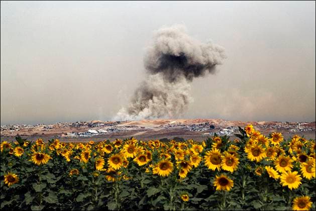 Bilder des Jahres 2025, News 05 Mai News Themen der Woche KW20 News Bilder des Tages Smoke rises from inside the Gaza Strip as seen near an Israeli field of sunflowers in full bloom inside southern Israel on May 18, 2025. Amid continuing talks in Doha, Israeli Defense Minister Israel Katz said today that Israel has began phone I of Operation Gideon s Chariots that will seize strategic area of the Hamas9run Gaza Strip.  AISR20250518001 JimxHollander