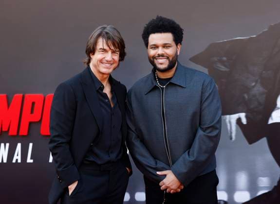 Tom Cruise and The Weeknd arrive on the red carpet at the Mission: Impossible The Final Reckoning New York Premiere at Lincoln Center on Sunday, May 18, 2025 in New York City.  NYP20250518110 JOHNxANGELILLO