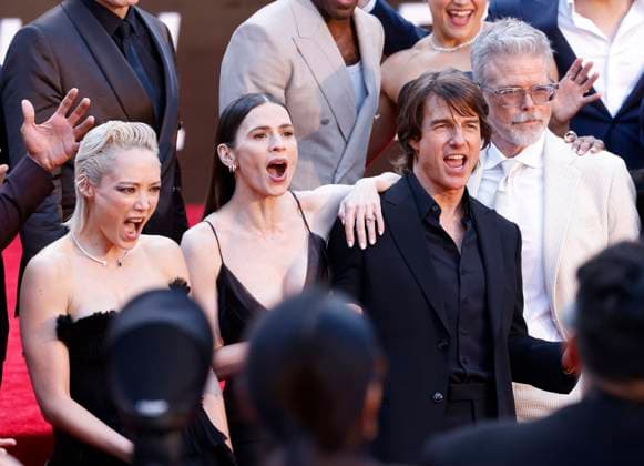 Pom Klementieff, Hayley Atwell, Tom Cruise and director Christopher McQuarrie arrive on the red carpet at the Mission: Impossible The Final Reckoning New York Premiere at Lincoln Center on Sunday, May 18, 2025 in New York City.  NYP20250518226 JOHNxANGELILLO