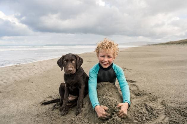 Creative Highlights Symbolbilder Adorable puppy and cute curly haired child at beach together M?hia, Hawke s Bay, New Zealand CR_JUCR250515-1731022-01 ,model released, Symbolfoto