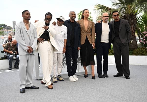 American actress Ilfenesh Hadera, director Spike Lee, actors Denzel Washington, Jeffrey Wright, Aubrey Joseph, Elijah Wright and actor musician Asap Rocky attend the photo call for Highest 2 Lowest at the 78th Cannes Film Festival in Cannes, France on Monday May 19, 2025.  CAN20250519142 RUNExHELLESTAD