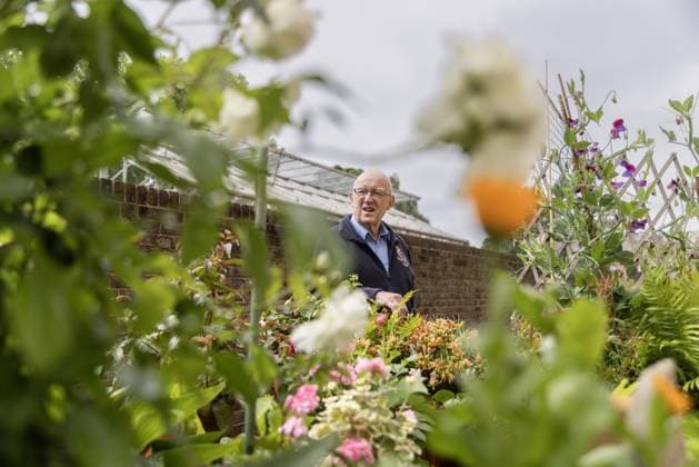 RHS Chelsea Flower Show 2025 19th May 2025. RHS (Royal Horticultural Society) Chelsea Flower show. Former Royal engineer and now Chelsea Pensioner John Griffiths at his raised bed and allotment at the Royal Hospital Chelsea.  Copyright: xJackxHillx NINTCHDBPICT000996376096