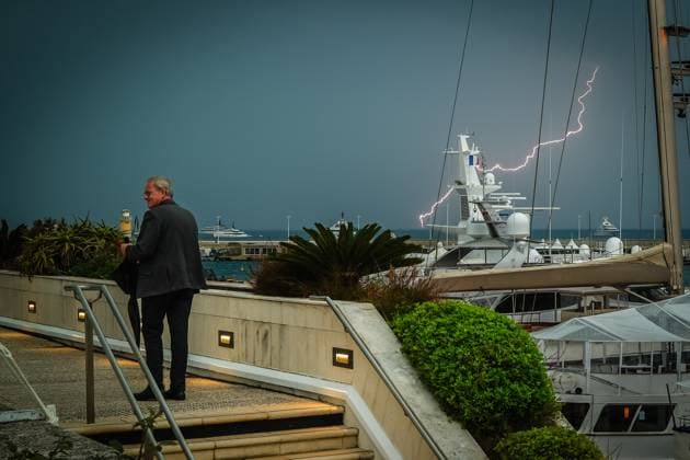 rains , Palais des Festivals, Cannes, France Lightning over the sea as it rains during the 78th Festival de Cannes (Cannes International Film Festival) at Palais des Festivals, Cannes, , France on 20 May 2025. Picture, Credit:Julie Edwards Avalon France, French Riviera, Cannes, Palais des Festivals Copyright: xJuliexEdwardsx xAvalonx 1001362762