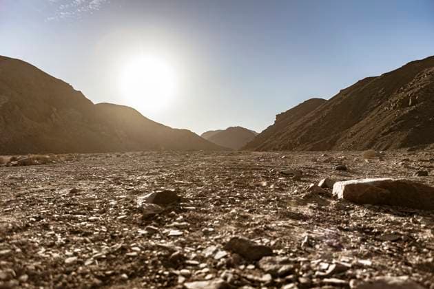Creative Highlights World Rocky valley floor stretches towards distant mountains under bright sun in marsa alam, egypt Sun shining over marsa alam desert valley in egypt Copyright: xfilippoxcarlotx _C5A0838-Migliorato-NR