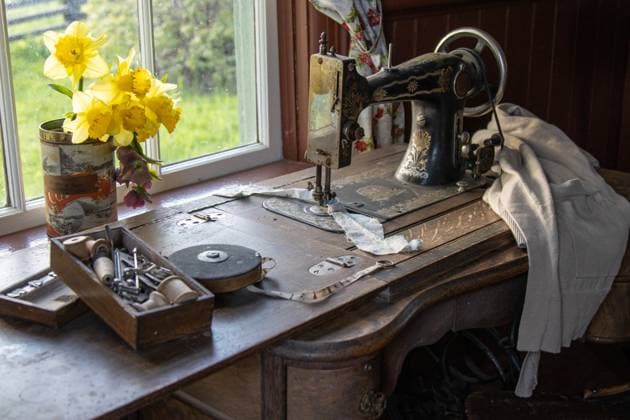 Antique Sewing Table with Fresh Spring Flowers Canada, British Columbia, Kelowna R_PESF250519A-1732503-01