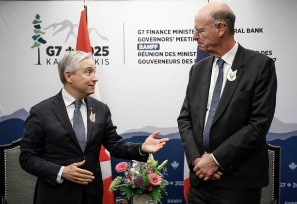 May 21, 2025, Banff, Ab, CANADA: Canada s Finance Minister Francois-Philippe Champagne, left, and France s Minister of Economics and Finance Eric Lombard chat during a bilateral meeting at the G7 Finance Ministers meeting in Banff, Alta., Wednesday, May 21, 2025. Banff CANADA - ZUMAc35_ 20250521_zaf_c35_032 Copyright: xJeffxMcintoshx