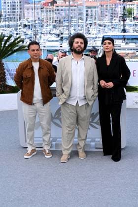 Cannes, 78th Cannes Film Festival 2025, Photocall film: La venue de l avenir Cannes, 78th Cannes Film Festival 2025, Photocall film: Zan O Bacheh (Woman And Child) Pictured: Parinaz Izadyar, Saeed Roustaee, Payman Maadi Cannes France  Copyright: xIPA ABACAx