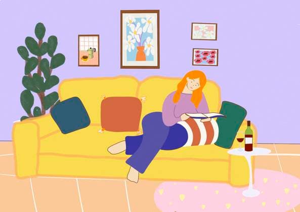 Illustration of a woman relaxing with a book and wine at home, EGHF01038