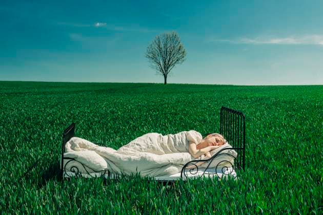 Woman sleeping in a bed in a green field under a blue sky with a lone tree in the background model released, Symbolfoto, VSNF03150