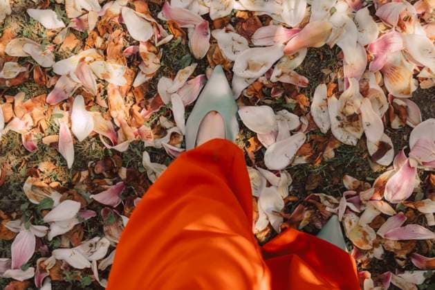 Creative Highlights Symbolbilder Top view of a woman in red pants and green shoes walking on fallen magnolia leaves in spring model released, Symbolfoto, VSNF03187
