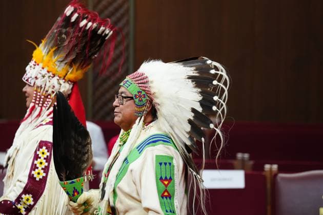 May 27, 2025, Ottawa, On, Canada: Siksika Nation Chief Ouray Crowfoot, left, and Elder Leonard Weasel Traveller are shown ahead of King Charles delivering the speech from the throne in the Senate in Ottawa on Tuesday, May 27, 2025. Ottawa Canada  - ZUMAc35_ 20250527_zaf_c35_013 Copyright: xChrisxYoungx