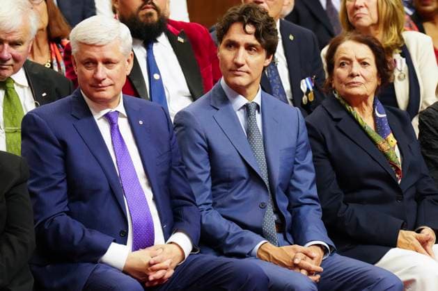 May 27, 2025, Ottawa, On, Canada: Former prime ministers Stephen Harper, left to right, Justin Trudeau and his mother Margaret Trudeau listen as King Charles delivers the speech from the throne in the Senate in Ottawa on Tuesday, May 27, 2025. Ottawa Canada  - ZUMAc35_ 20250527_zaf_c35_190 Copyright: xChrisxYoungx