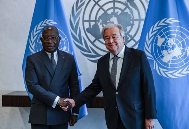 News Themen der Woche KW22 News Bilder des Tages May 27, 2025, New York, New York, USA: UN Secretary General, ANTONIO GUTERRES meets with KACOU HOUADJA LEON ADOM, Minister for Foreign Affairs, African Integration and the Diaspora, Republic of CoÂ te d Ivoire. New York USA - ZUMAo116 20250527_znp_o116_005 Copyright: xBiancaxOterox