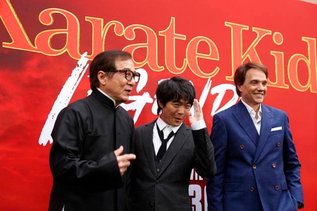 Jackie Chan, Ben Wang and Ralph Macchio arrive on the red carpet at the Karate Kid: Legends Premiere at SVA Theater on Tuesday, May 27, 2025 in New York City.  NYP20250527202 JohnxAngelillo