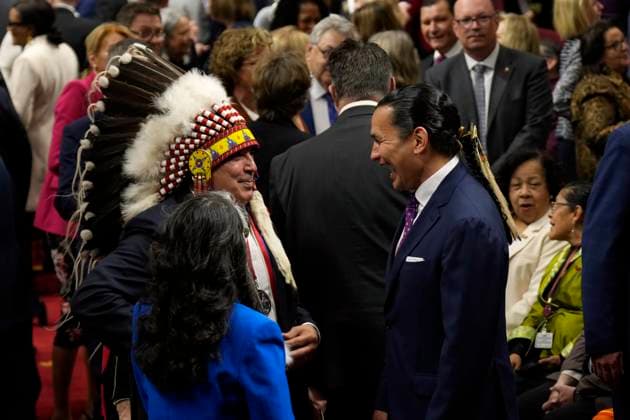 May 27, 2025, Ottawa, On, Canada: Manitoba Premier Wab Kinew, right, speaks with former Assembly of First Nations chief Perry Bellegarde ahead of King Charles delivering the speech from the throne in the Senate in Ottawa on Tuesday, May 27, 2025. Ottawa Canada  - ZUMAc35_ 20250527_zaf_c35_333 Copyright: xAdrianxWyldx