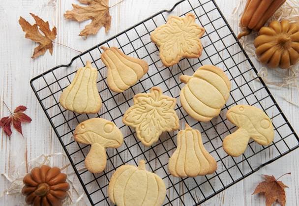 Autumn baking. Cookies in the form of pumpkin and leaves on the table. Cozy autumn concept. Model Released OlenaRudo_ID24499_710249_025 Copyright: xOlenaxRudox