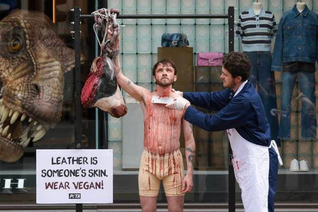 News Themen der Woche KW22 Bilder des Jahres 2025, News 05 Mai News Bilder des Tages . 29 05 2025. London, United Kingdom. PETA Anti-Leather Display. Leather is someone s skin. That s the message a pair of PETA supporters bring to shoppers at the Regent Street Coach store, as one is hung upside down and has their throat slit before being skinned . The gruesome display will point out that humans and cows are the same in all the ways that matter, encourage consumers to opt for vegan alternatives, and call out Coach s continued sale of animal- and planet-killing leather.  xMartynxWheatleyx xi-Imagesx IIM-25977-0013