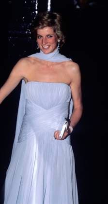 Cannes Film Festival HRH, THE PRINCESS DIANA OF WALES This Catherine Walker dress was a reference to the one Grace Kelly had worn in Hitchcock s film, To Catch a Thief . Theatre Royal Drury Lane London For A Performance Of The Musical Miss Saigon , London, England, Sptember 19th 1989. Lady Di family her royal highness half length chiffon neck scarf strapless plae blue dress silver clutch bag Ref: CAP PL Phil Loftus London Great Britain Copyright: xPhilxLoftus CapitalxPicturesx