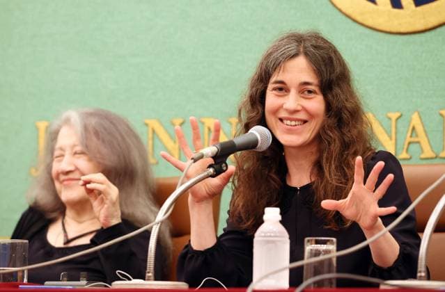 May 30, 2025, Tokyo, Japan - Stephanie Argerich, daughter of legendary Argentine pianist Martha Argerich (L) speaks at the Japan National Press Club in Tokyo with her mother on Friday, May 30, 2025. Stephanie Argerich produced a film of her mother and Japan s Noh actor Bunzo Otsuki, Japan s living national treasure for the 25th anniversary of Argerich s music festival held in Beppu, Japan s soyjern island of Kyushu. (photo by Yoshio Tsunoda AFLO)  , aflo_292388389.jpg,