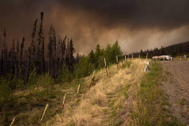 May 30, 2025, Buckinghorse River, Bc, Canada: Wildfire smoke is seen on Highway 97 north of Buckinghorse River, B.C. on Friday, May 30, 2025. Buckinghorse River Canada  - ZUMAc35_ 20250530_zaf_c35_190 Copyright: xNasunaxStuart-Ulinx