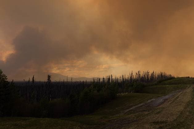 May 30, 2025, Buckinghorse River, Bc, Canada: Wildfire smoke is seen on Highway 97 north of Buckinghorse River, B.C. on Friday, May 30, 2025. Buckinghorse River Canada  - ZUMAc35_ 20250530_zaf_c35_197 Copyright: xNasunaxStuart-Ulinx