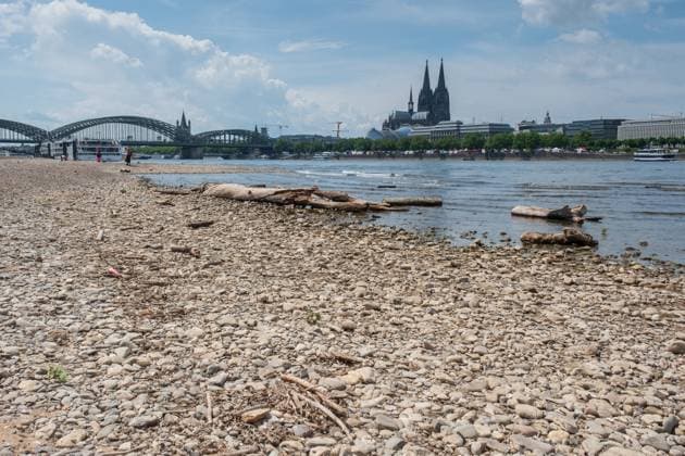 News Themen der Woche KW22 Bilder des Jahres 2025, News 05 Mai News Bilder des Tages Der Rhein bei Köln hat im Mai extremes Niedrigwasser Ð der gesunkene Wasserstand legt Uferbänke frei und verändert das gewohnte Stadtpanorama. *** The Rhine near Cologne has extremely low water in May - the lowered water level exposes banks and changes the familiar city panorama. Nordrhein-Westfalen Deutschland, Germany GMS19340