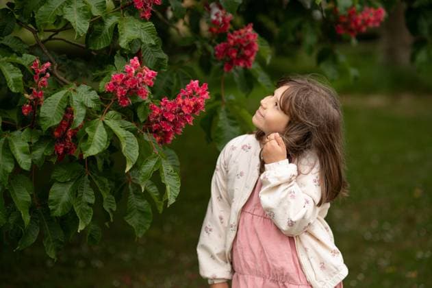 Creative Highlights Symbolbilder Smiling girl looking up at a blooming red chestnut tree. Corby, England, United Kingdom R_JNDO250529B-1738198-01 ,model released, Symbolfoto