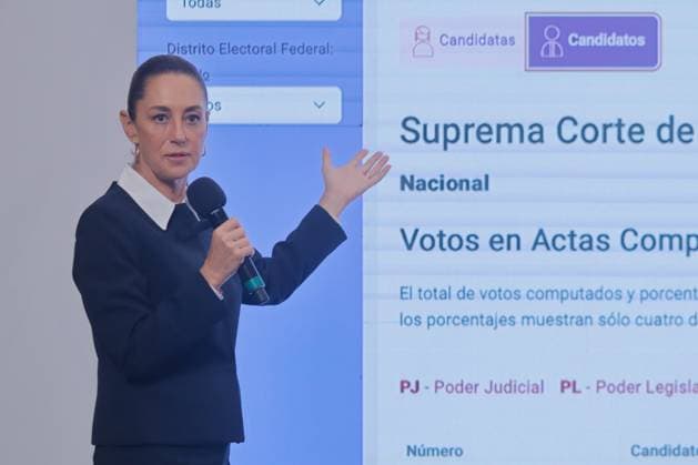 Mexico™s President Claudia Sheinbaum Holds Briefing Mexico s President, Claudia Sheinbaum Pardo, speaks during a briefing conference about the Judicial Branch Election results that gives Hugo Aguilar, who is leading in the polls, as the virtual winner. at the National Palace. on June 4, 2025 in Mexico City, Mexico. (Photo by Carlos Santiago Eyepix Group) Copyright: xCarlosxSantiago xEyepixxGroupx CS_04062025_157592