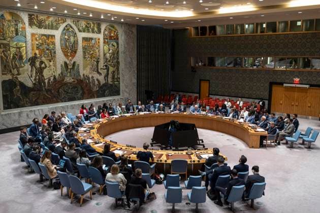June 4, 2025, New York, New York, USA: Atmosphere during Security Council meeting at UN Headquarters in New York on June 4, 2025. The resolution demands an immediate, unconditional, and permanent ceasefire in Gaza; the immediate, dignified, and unconditional release of all hostages held by Hamas and other groups; and the immediate and unconditional lifting of all restrictions on the entry of humanitarian aid into the territory. By voting against the resolution US effectively vetoed it. All other members of Security Council voted for the resolution. New York USA - ZUMAr339 20250604_znp_r339_112 Copyright: xLevxRadinx