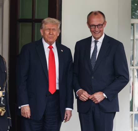 Chancellor Friedrich Merz of Germany is greeted by President Donald Trump as he arrives at the White House in Washington DC on Thursday, June 5, 2025. The two leaders are expected to discuss the conflicts in Ukraine and the Middle East, as well as tariffs and trade.  WAP20250605501 JemalxCountess