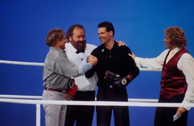 Wetten, dass - ZDF Fernsehshow, Wettshow, in Berlin, 1983, Terence Hill und Bud Spencer als Wettpaten mit Boxer Henry Maske und Moderator Thomas Gottschalk. Copyright: HartwigxValdmanis Nur redaktionelle Nutzung. Editorial usage only. VAL_7205004910