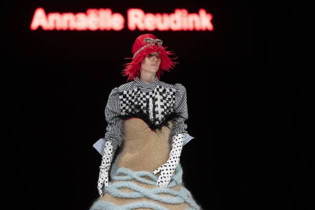 A model presents a creation from Annaelle Reudink during the Show 2025 end of year fashion show showcasing the creations of students from the bachelor s and master s degree of the fashion department of the Royal Academy of Fine Arts - AP Hogeschool, in Antwerp, Friday 06 June 2025.  KRISTOFxVANxACCOM 126332145