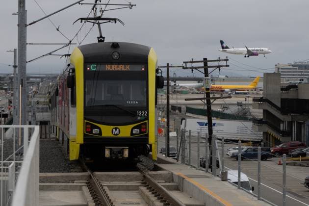 LOS ANGELOS, CA - JUNE 06: A metro train travels on the rail at the LAX Metro transit center on June 6, 2025 in Los Angeles, California. The LAX Metro Transit Center opened on Friday and will connect travelers to the K or C rail lines, which can then whisk them north in the direction of central Los Angeles, south toward beach cities or east along Interstate 105.  Copyright: xVCGx 111572438745