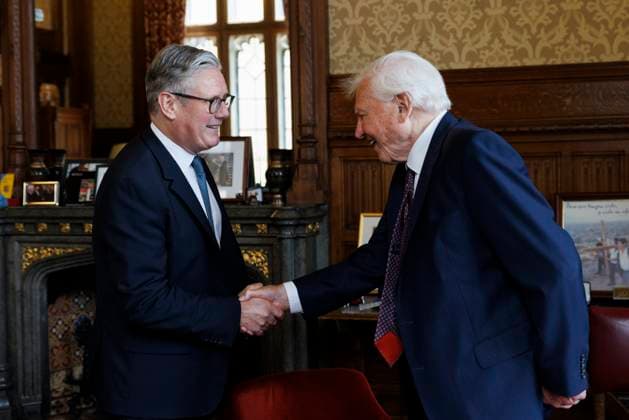 Prime Minister Keir Starmer meets David Attenborough 04 06 2025. London, United Kingdom. Prime Minister Keir Starmer meets Broadcaster and Biologist David Attenborough ahead of a screening of his new film Ocean in the House of Lords., Credit:Simon Dawson Avalon United Kingdom, Greater London, London, House of Lords  Copyright: xSimonxDawsonx xAvalonx 1008342460