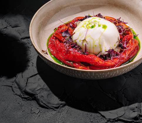 Gourmet-Gericht mit cremigem Burrata-Käse mit geröstetem rotem Paprika und Kräutern auf einer dunkel strukturierten Oberfläche A delicious arrangement of creamy burrata cheese surrounded by vibrant roasted red peppers and garnished with microgreens. The dish is presented on a dark stone plate, creating a striking contrast. (License=RF) Copyright: xZoonar.com AntonxDobreax 23427242