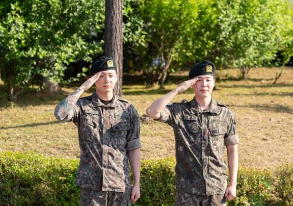 Jungkook and Jimin, June 11, 2025 : BTS members Jungkook and Jimin just after their military discharge in Yeoncheon, about 70 km (43 miles) north of Seoul, South Korea. Four members of the K-pop boy group, V, RM, Jungkook and Jimin were discharged from their mandatory 18 month military service this week.  , aflo_294546778.jpg,