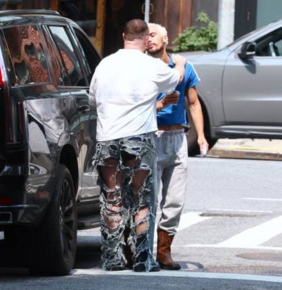 Sam Smith With His Boyfriend Out - NYC English singer Sam Smith with his partner Christian Cowan are walking then having a quick breakfast at One White Street restaurant in Tribeca, New York on June 11, 2025. Sam is wearing a weird ripped see through jeans on the back. Photo by Dylan Travis ABACAPRESS.COM New York City NY United States  Copyright: xDylanxTravis ABACAx