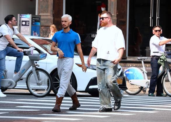 Sam Smith With His Boyfriend Out - NYC English singer Sam Smith with his partner Christian Cowan are walking then having a quick breakfast at One White Street restaurant in Tribeca, New York on June 11, 2025. Sam is wearing a weird ripped see through jeans on the back. Photo by Dylan Travis ABACAPRESS.COM New York City NY United States  Copyright: xDylanxTravis ABACAx