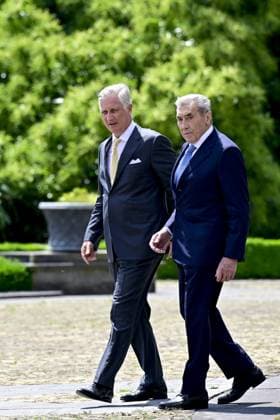 King Philippe - Filip of Belgium and Former Belgian cyclist Eddy Merckx pictured during a royal meeting on the occasion of the 80th anniversary of Belgian cycling legend Eddy Merckx, Thursday 12 June 2025, at the Royal Castle in Laken Laeken, in Brussels.  DIRKxWAEM 126769756