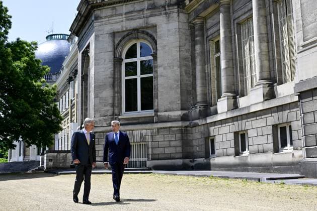 King Philippe - Filip of Belgium and Former Belgian cyclist Eddy Merckx pictured during a royal meeting on the occasion of the 80th anniversary of Belgian cycling legend Eddy Merckx, Thursday 12 June 2025, at the Royal Castle in Laken Laeken, in Brussels.  DIRKxWAEM 126770295