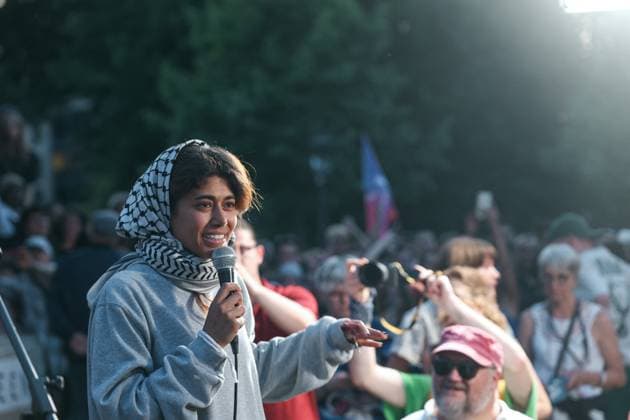 Rima Hassan at the Place de la Republique - Paris Rima Hassan, Member of the European Parliament for La France Insoumise, gives a speech on her return to France after being imprisoned and expelled by the Israeli authorities. Rally at the Place de la Republique for the return of Rima Hassan and the crew of the Madleen which was seized by Israel on Monday morning while attempting to reach the Gaza Strip with humanitarian aid and 12 activists, on june 12, 2025 in Paris. Photo by Christophe Michel ABACAPRESS.COM PARIS ILE DE FRANCE France  Copyright: xMichelxChristophe ABACAx