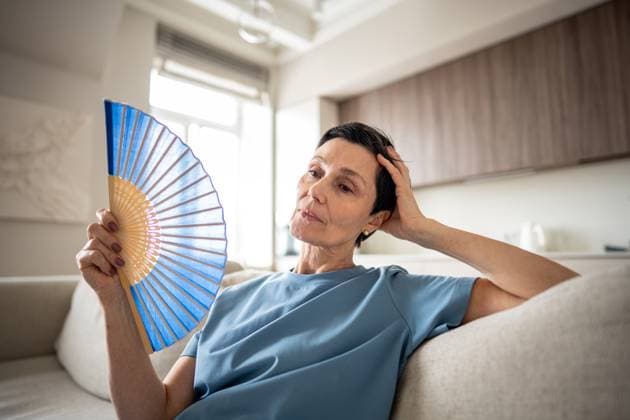 IMAGO Creative, Gesellschaft, Leisure Sickness Erschöpfte ältere Frau, die einen Ventilator benutzt, um sich in einer brütend heißen Wohnung abzukühlen. Hitzeerschöpfung leidet Exhausted mature woman fanning herself at home due to unbearable heat. Elderly suffering from stuffy apartment conditions, discomfort without AC, tropical climate struggle, aging fatigue, menopause (License=RF) ,model released, Symbolfoto Copyright: xZoonar.com DmitriixMarchenkox 23527558 ,model released, Symbolfoto ,property released